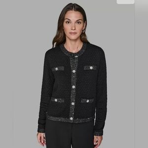 KARL LAGERFELD PARIS Crewneck Textured Cardigan With Pockets Black Size Large